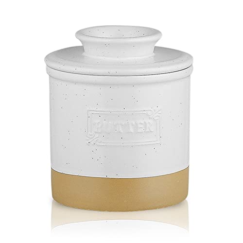 HVH Ceramic Butter Crock, French Butter Dish with Lid for Countertop, Butter Keeper for Counter, Butter Crock with Water, Butter Holder for Soft Butter, Farmhouse Style (White)