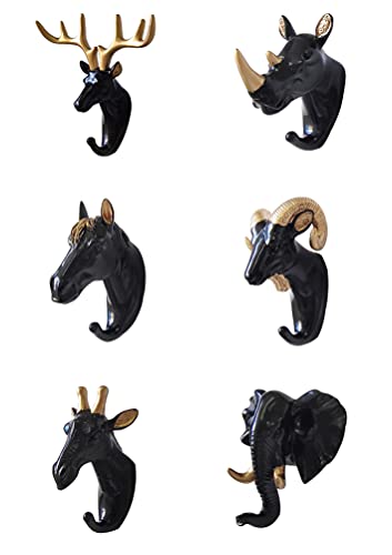 Kopiqin Crafts Home Wall Decoration Elegant Animal Head Resin 6 Set Cartoon Hook Jewelry Key Scarf Bag Hanger Robes Coat Rack for Living Room Bedroom(Deer, Giraffe,Horse,Elephant,Rhino,Goat)