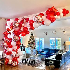 christmas balloon garland arch kit – 160 pack white red latex balloons with christmas round candy cane stars foil helium balloon for xmas evening decoration supplies