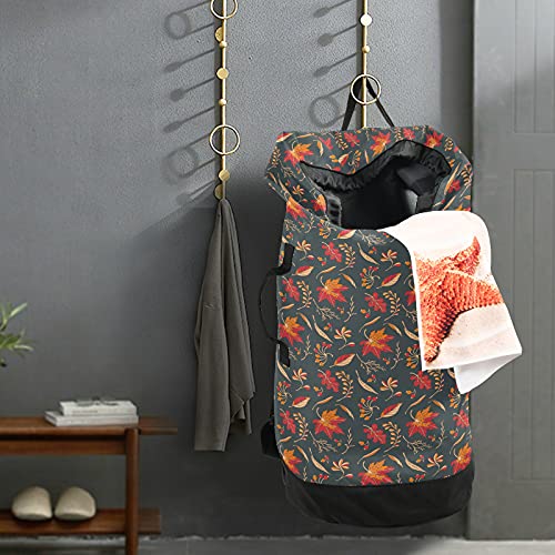 Autumn Leaves Thanksgiving Laundry Bag Heavy Duty Laundry Backpack with Shoulder Straps Handles Travel Laundry bag Drawstring Closure Dirty Clothes Organizer For Camp College Dorm and Apartment