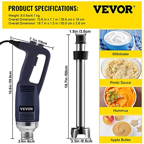 VEVOR Commercial Immersion Blender Variable Speed Heavy Duty Immersion Blender 500W Commercial Hand Mixer 304 Stainless Steel Hand Blender Commercial with 11.8" Removable Shaft for Kitchen Mixing