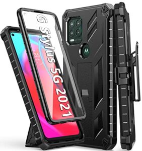 for motorola moto g stylus 5g (2021) case: built-in screen protector kickstand full-body military grade three-layer protective shockproof rugged phone cover with belt clip holster black