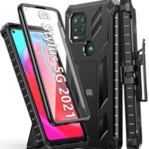 for Motorola Moto G Stylus 5G (2021) Case: Built-in Screen Protector Kickstand Full-Body Military Grade Three-Layer Protective Shockproof Rugged Phone Cover with Belt Clip Holster Black