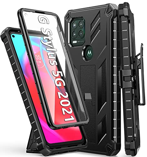 for Motorola Moto G Stylus 5G (2021) Case: Built-in Screen Protector Kickstand Full-Body Military Grade Three-Layer Protective Shockproof Rugged Phone Cover with Belt Clip Holster Black