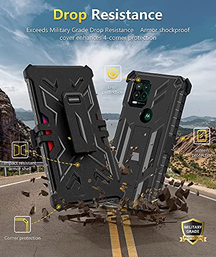 for Motorola Moto G Stylus 5G (2021) Case: Built-in Screen Protector Kickstand Full-Body Military Grade Three-Layer Protective Shockproof Rugged Phone Cover with Belt Clip Holster Black