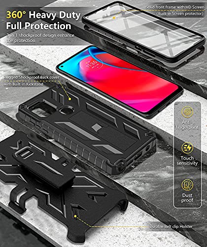 for Motorola Moto G Stylus 5G (2021) Case: Built-in Screen Protector Kickstand Full-Body Military Grade Three-Layer Protective Shockproof Rugged Phone Cover with Belt Clip Holster Black