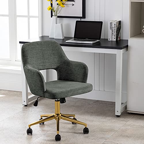 Duhome Home Office Desk Chair with Wheels, Fabric Adjustable Swivel Accent Chair with Hollow Mid-Back Backrest, for Living Room Bedroom, Green Golden Base