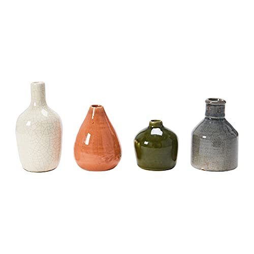 Main + Mesa Stoneware Bud Vases in Crackle Glaze, Olive/Terracotta Tones, Set of 4