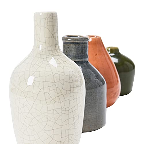 Main + Mesa Stoneware Bud Vases in Crackle Glaze, Olive/Terracotta Tones, Set of 4