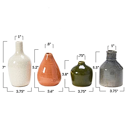 Main + Mesa Stoneware Bud Vases in Crackle Glaze, Olive/Terracotta Tones, Set of 4