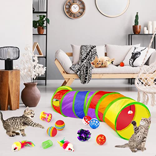 ANJIME 32 PCS Cat Toys Kitten Toys, Variety Catnip Toys with Rainbow Tunnel Interactive Cat Feather Teaser Fluffy Mouse Crinkle Balls Spring Toy Set for Cat, Kitty