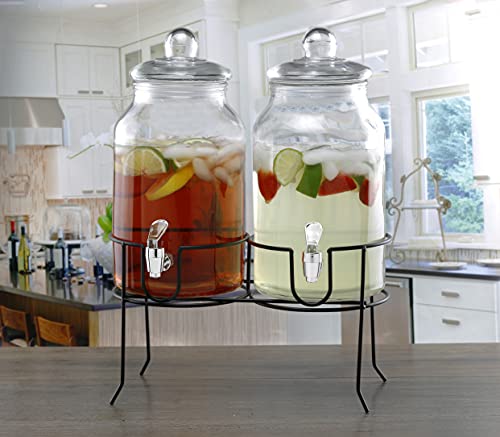 Style Setter Rustic Home Beverage Dispenser Set of 2 Cold Drink Dispenser w/ 1-Gallon Capacity each Glass Jug, Metal Rack & Leak-Proof Acrylic Chrome Spigot Great for Parties, Weddings