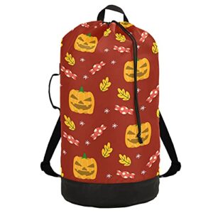 pumpkin candy thanksgiving laundry bag heavy duty laundry backpack with shoulder straps handles travel laundry bag drawstring closure dirty clothes organizer for apartment college dorm laundromat