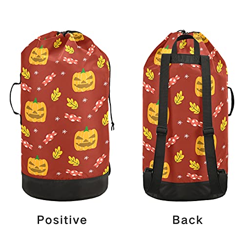 Pumpkin Candy Thanksgiving Laundry Bag Heavy Duty Laundry Backpack with Shoulder Straps Handles Travel Laundry bag Drawstring Closure Dirty Clothes Organizer For Apartment College Dorm Laundromat