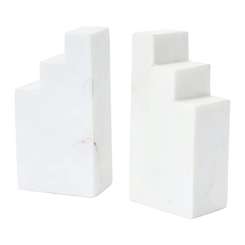 Main + Mesa Geometric Marble Bookends, White, Set of 2