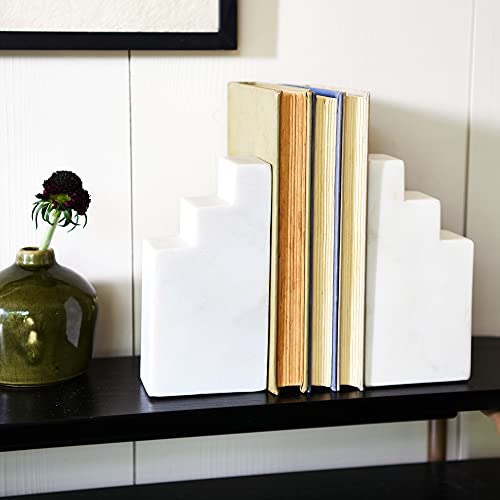 Main + Mesa Geometric Marble Bookends, White, Set of 2