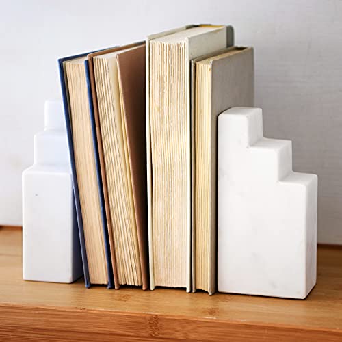 Main + Mesa Geometric Marble Bookends, White, Set of 2