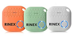 bluetooth key finder – key locator device with app, siri compatibility, & extra battery – anti-lost keychain tracker device for phone by rinex - 3 pack & green, white, orange