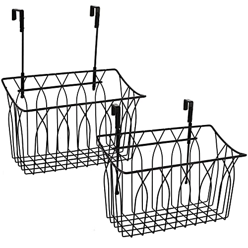 TOPZEA 2 Pack Grid Storage Baskets with Hooks, Metal Hanging Basket Kitchen Storage Organizer Holder Over Cabinet Door Basket for Cutting Board, Kitchen Wrap, Foil, Cleaning Supplies, Bakeware