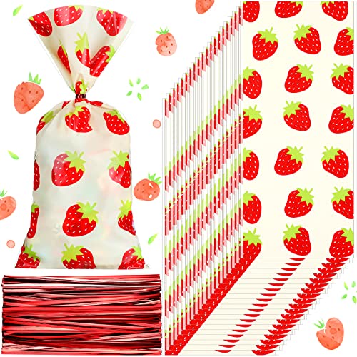 100 Pieces Strawberry Treat Bags Strawberry Cellophane Party Bags Strawberry Plastic Goody Candy Bags with 200 Red Twist Ties for Strawberry Themed Party Birthday Party Decoration Supplies