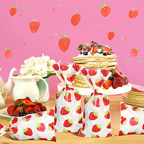 100 Pieces Strawberry Treat Bags Strawberry Cellophane Party Bags Strawberry Plastic Goody Candy Bags with 200 Red Twist Ties for Strawberry Themed Party Birthday Party Decoration Supplies