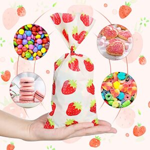 100 Pieces Strawberry Treat Bags Strawberry Cellophane Party Bags Strawberry Plastic Goody Candy Bags with 200 Red Twist Ties for Strawberry Themed Party Birthday Party Decoration Supplies