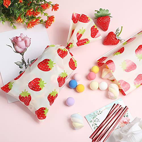 100 Pieces Strawberry Treat Bags Strawberry Cellophane Party Bags Strawberry Plastic Goody Candy Bags with 200 Red Twist Ties for Strawberry Themed Party Birthday Party Decoration Supplies