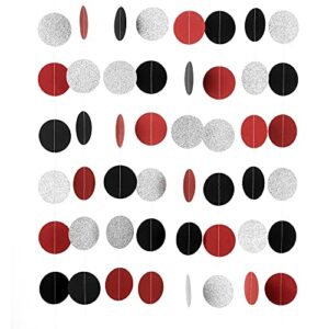 weven red black silver glitter paper garland circle dot streamer party banner backdrop hanging decorations, 2.5" in diameter, 20 feet in total