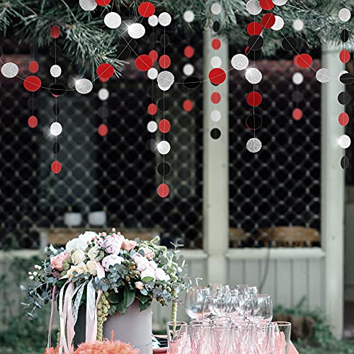 WEVEN Red Black Silver Glitter Paper Garland Circle Dot Streamer Party Banner Backdrop Hanging Decorations, 2.5" in Diameter, 20 Feet in Total