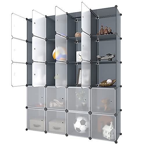 20 Storage Cubes Cabinet Cube Storage Organizer Portable Wardrobe Cube Shelves with Doors DIY Cube Organizer Storage System for Bedroom, Living Room, Office, Gray&White