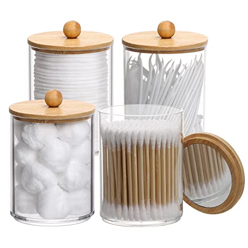 Tbestmax 4 Pack Qtip Holder Dispenser - 10-Ounce Apothecary Jars Bamboo Lids with Mirror for Cotton Ball Swab Pad, Bathroom Organizers and Storage Containers