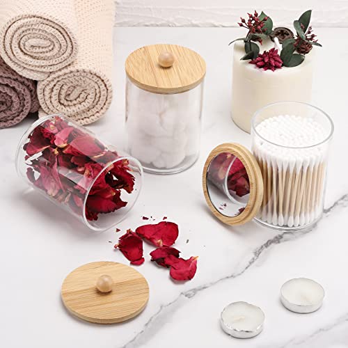 Tbestmax 4 Pack Qtip Holder Dispenser - 10-Ounce Apothecary Jars Bamboo Lids with Mirror for Cotton Ball Swab Pad, Bathroom Organizers and Storage Containers