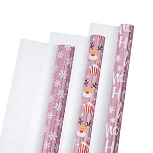 LeZakaa Christmas Wrapping Paper Mini Roll, Pink Metallic Foil Shine Paper - Snowflakes/Santa Claus/HO Print for Gift Wrap, Arts Crafts - 17 x 120 inches - 3 Rolls (42.5 sq.ft.ttl.)