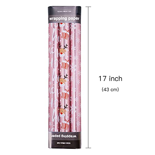 LeZakaa Christmas Wrapping Paper Mini Roll, Pink Metallic Foil Shine Paper - Snowflakes/Santa Claus/HO Print for Gift Wrap, Arts Crafts - 17 x 120 inches - 3 Rolls (42.5 sq.ft.ttl.)