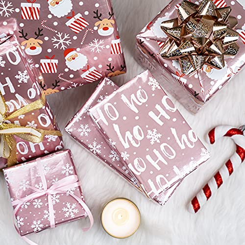 LeZakaa Christmas Wrapping Paper Mini Roll, Pink Metallic Foil Shine Paper - Snowflakes/Santa Claus/HO Print for Gift Wrap, Arts Crafts - 17 x 120 inches - 3 Rolls (42.5 sq.ft.ttl.)