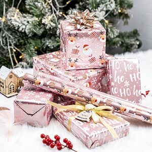 LeZakaa Christmas Wrapping Paper Mini Roll, Pink Metallic Foil Shine Paper - Snowflakes/Santa Claus/HO Print for Gift Wrap, Arts Crafts - 17 x 120 inches - 3 Rolls (42.5 sq.ft.ttl.)