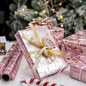 LeZakaa Christmas Wrapping Paper Mini Roll, Pink Metallic Foil Shine Paper - Snowflakes/Santa Claus/HO Print for Gift Wrap, Arts Crafts - 17 x 120 inches - 3 Rolls (42.5 sq.ft.ttl.)