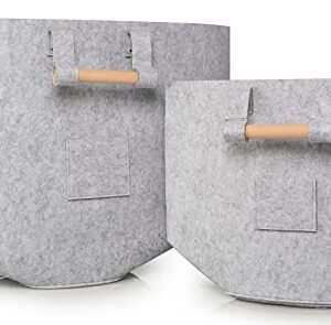 Set of 2 - Large & Medium - Recycled PET Felt Baskets, Multifunctional Laundry Hamper & Storage Organizer With Wooden Handles