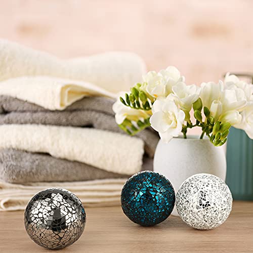 3 Pieces Decorative Balls Mosaic Glass Sphere Centerpiece Orb Glass Vase Balls Vases Dining Table Decorations (Silver, Turquoise, Black)