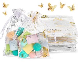 outus 100 pieces butterfly organza drawstring gift bags 4 x 6 inch butterfly jewelry pouch white drawstring organza candy bags for wedding festival christmas party favor supply, silver and gold