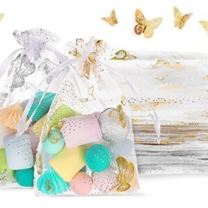 Outus 100 Pieces Butterfly Organza Drawstring Gift Bags 4 x 6 Inch Butterfly Jewelry Pouch White Drawstring Organza Candy Bags for Wedding Festival Christmas Party Favor Supply, Silver and Gold