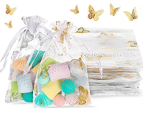 Outus 100 Pieces Butterfly Organza Drawstring Gift Bags 4 x 6 Inch Butterfly Jewelry Pouch White Drawstring Organza Candy Bags for Wedding Festival Christmas Party Favor Supply, Silver and Gold