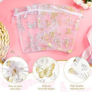 Outus 100 Pieces Butterfly Organza Drawstring Gift Bags 4 x 6 Inch Butterfly Jewelry Pouch White Drawstring Organza Candy Bags for Wedding Festival Christmas Party Favor Supply, Silver and Gold