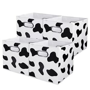 anminy 4pcs storage cubes set cow print large cotton linen storage bins boxes baskets with handles pp plastic board foldable desktop closet shelf organizer container for home office - 11"x 11"x 11"