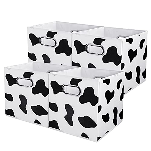 ANMINY 4PCS Storage Cubes Set Cow Print Large Cotton Linen Storage Bins Boxes Baskets with Handles PP Plastic Board Foldable Desktop Closet Shelf Organizer Container for Home Office - 11"x 11"x 11"