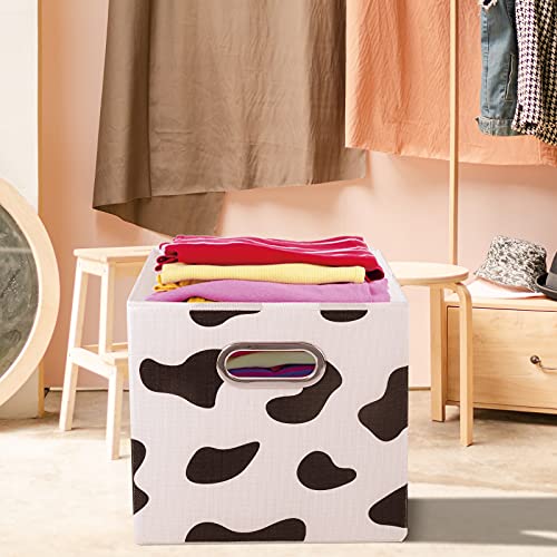 ANMINY 4PCS Storage Cubes Set Cow Print Large Cotton Linen Storage Bins Boxes Baskets with Handles PP Plastic Board Foldable Desktop Closet Shelf Organizer Container for Home Office - 11"x 11"x 11"