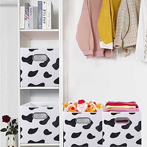 ANMINY 4PCS Storage Cubes Set Cow Print Large Cotton Linen Storage Bins Boxes Baskets with Handles PP Plastic Board Foldable Desktop Closet Shelf Organizer Container for Home Office - 11"x 11"x 11"