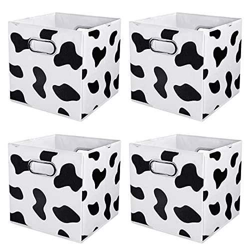 ANMINY 4PCS Storage Cubes Set Cow Print Large Cotton Linen Storage Bins Boxes Baskets with Handles PP Plastic Board Foldable Desktop Closet Shelf Organizer Container for Home Office - 11"x 11"x 11"