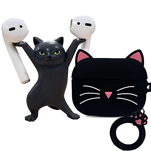 Airpod Pro Case Cover Cute Kitty Animal W Magnetic Dance Cat Airpod Holder Silicone Protective Case for Apple AirPods Pro | Funny Holiday Birthday Gifts for Her Women Teenage Girls (Black)