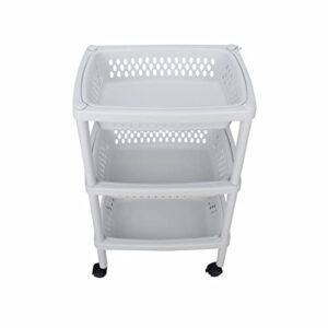 ruishetop 3 layers plastic rolling storage cart vegetable organizer shelf rack storage tower utility cart with wheels and removable baskets, for kitchen laundry room bathroom office home (white)